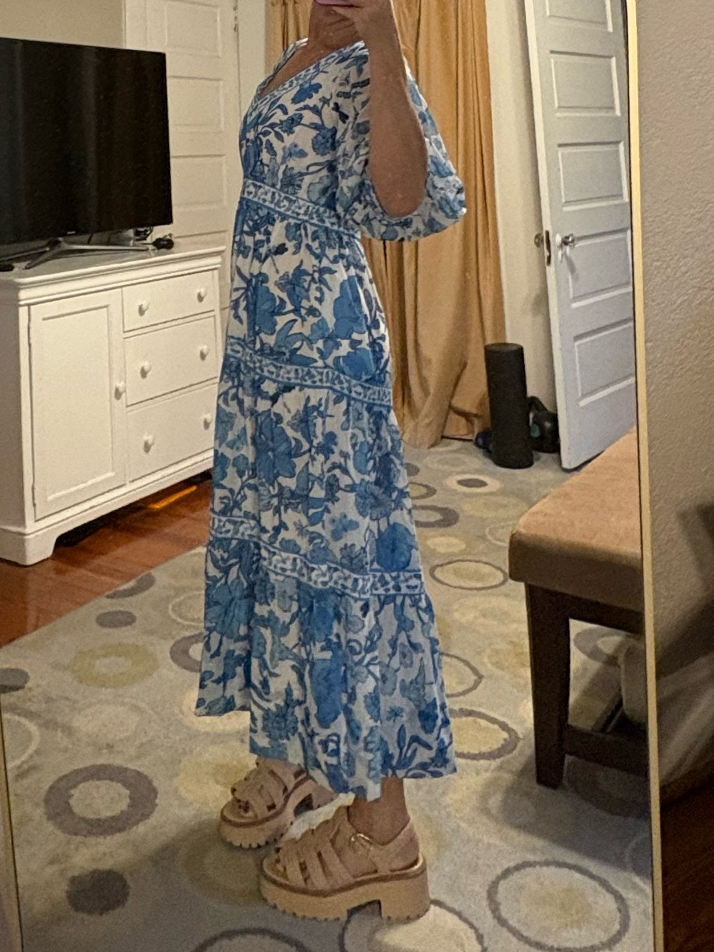Gretchen Scott Blue Floral V-Neck Tiered Dress Maxi XS Frolic Birds Butterfly - Picture 11 of 12